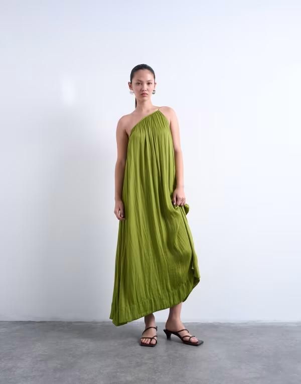 トップショップ レディース トップス ワンピース サテン Topshop one shoulder throw on liquid satin dress Green グリーン