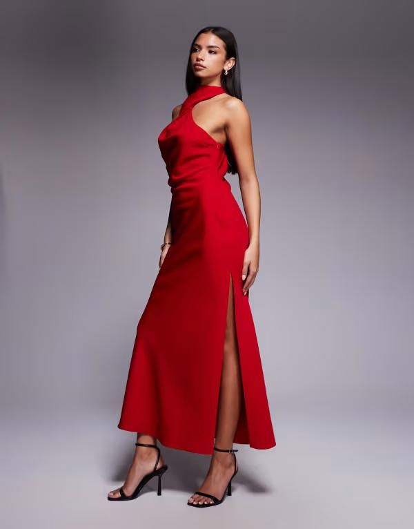 エイソス レディース トップス ワンピース ミディワンピース ミディ ASOS DESIGN twist neck midi dress with hardware trim in cherry Cherry Red レッド