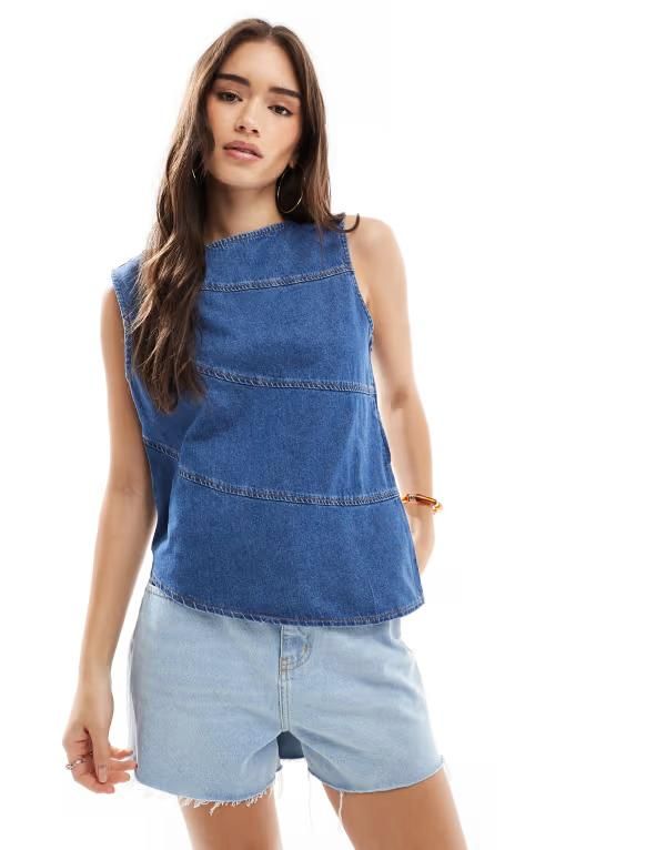 エイソス レディース トップス Tシャツ アシンメトリー デニム ASOS DESIGN asymmetric denim top with exposed seams in mid BLUE ブルー 12,980円
