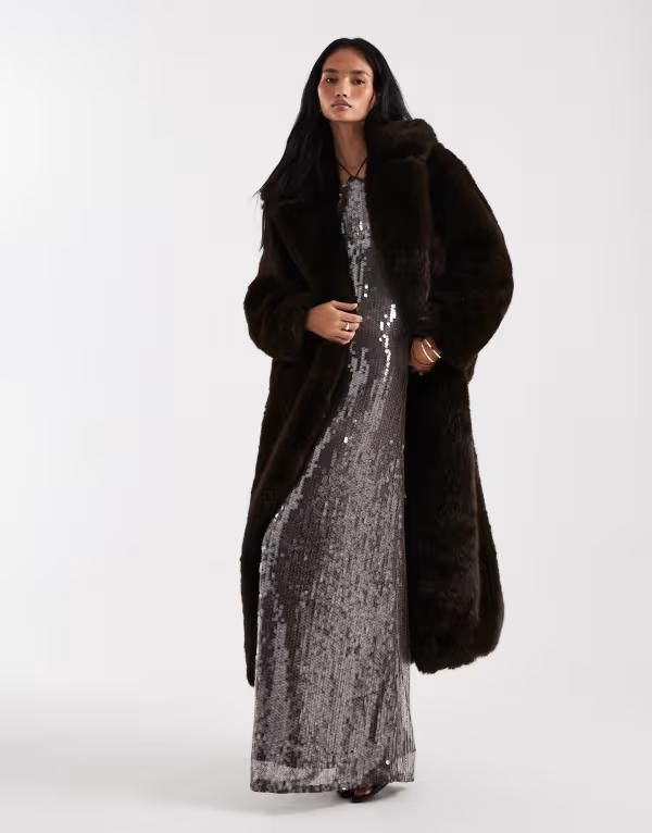 フォースレックレス レディース アウター コート マキシ 4th Reckless oversized tie waist faux fur maxi coat in chocolate チョコレート