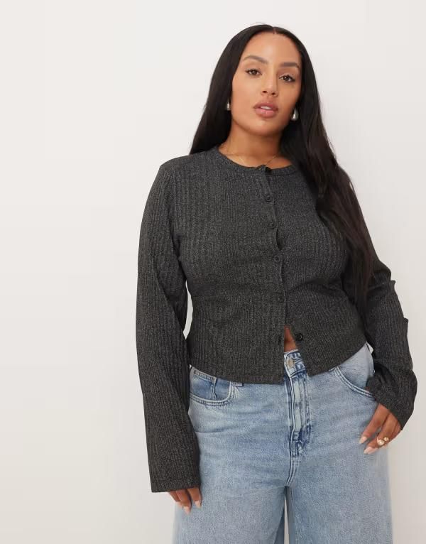 エイソス レディース トップス Tシャツ リブ ASOS Curve ASOS DESIGN Curve ribbedetailing long sleeve button up top in heathered charcoal チャコール