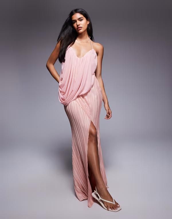 エイソス レディース トップス ワンピース マキシワンピース ドレープ マキシ ASOS DESIGN premium plisse drape maxi dress with cross strap neckline in light pink ピンク
