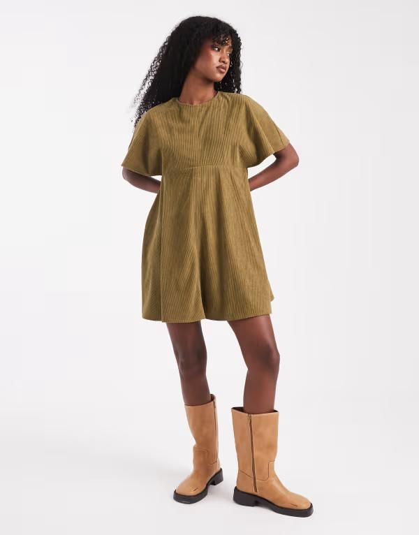 エイソス レディース トップス ワンピース ミニワンピース ミニ Tシャツ ASOS DESIGN cord Tshirt mini dress with stitching detail in olive Olive オリーブ