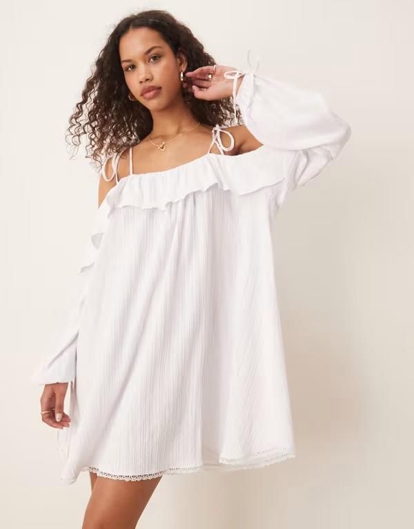 エイソス レディース トップス ワンピース ミニ コットン ASOS DESIGN cotton cold shoulder mini dress WHITE ホワイト