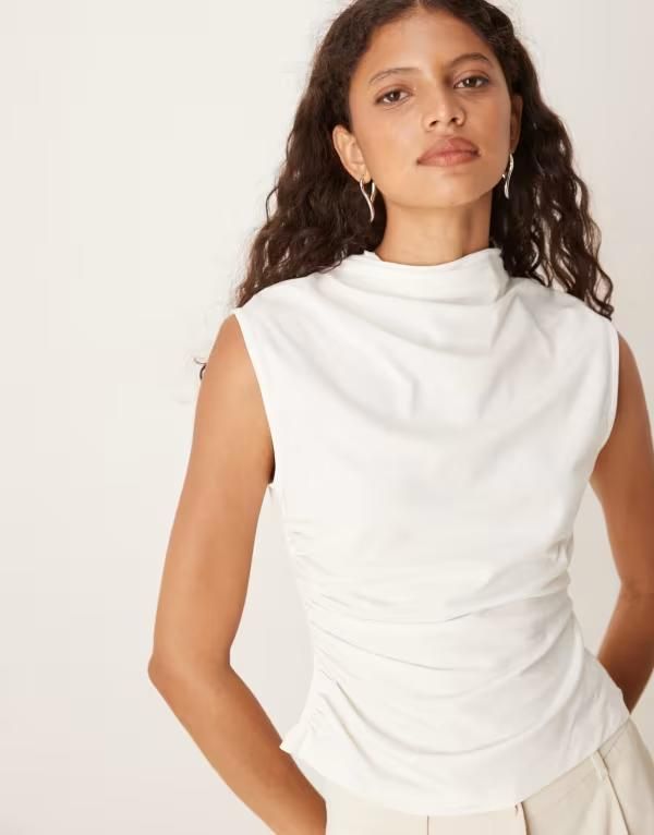 エイソス レディース トップス Tシャツ ハイネック ドレープ ギャザー ASOS DESIGN high neck drape top with ruched sides Ivory アイボリー