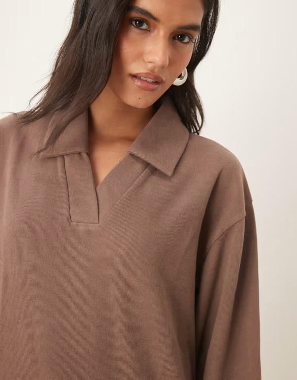 エイソス レディース トップス Tシャツ ASOS DESIGN Supersoft rugby collar long sleeve tee Mocha モカ