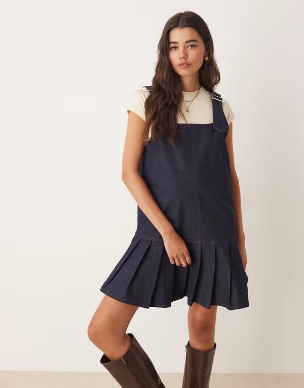 ミスセルフフリッジ レディース トップス ワンピース プリーツ デニム Misselfridge pleatedenim drop waist pinafore dress indigo INDIGO インディゴ