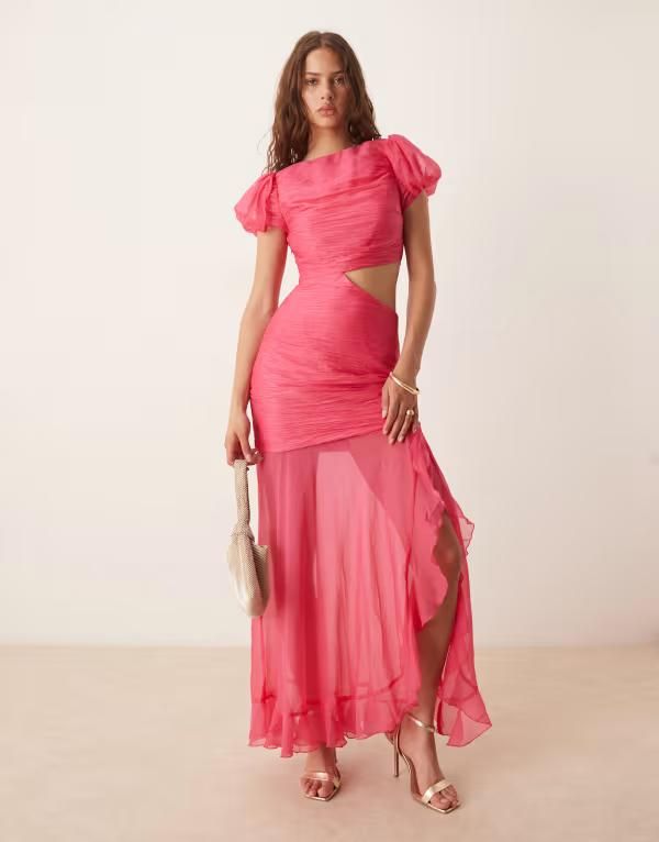 エイソス レディース トップス ワンピース カットアウト マキシワンピース ギャザー マキシ ASOS DESIGN ruched bodice cut out dropped waist maxi dress in raspberry Raspberry