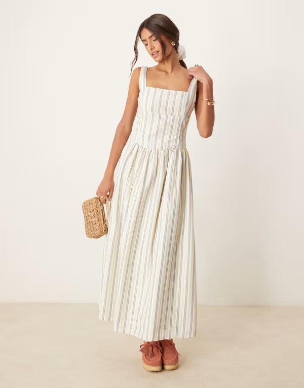グラマラス レディース トップス ワンピース Glamorous square neck drop waist midaxi dress stripe White Stripe ホワイト