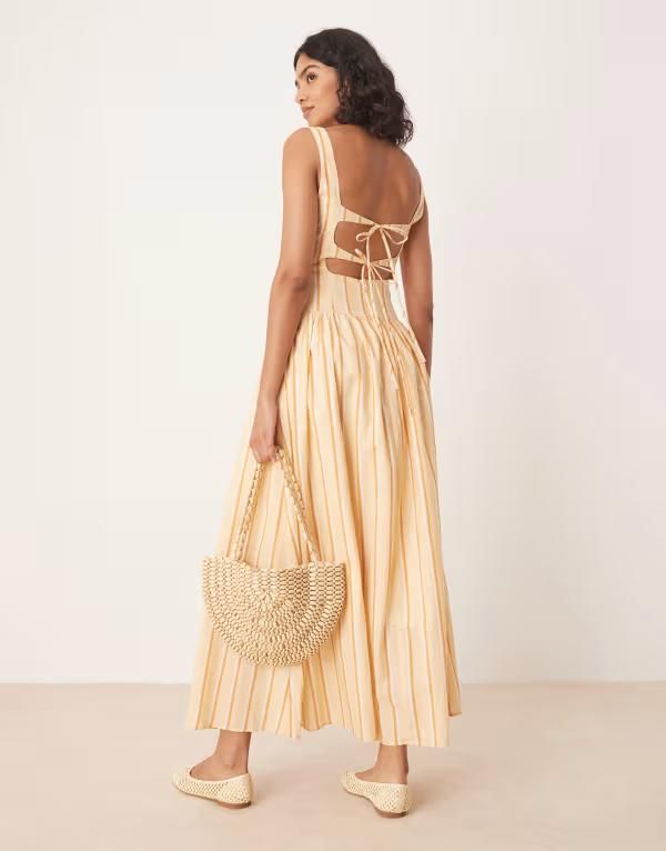 グラマラス レディース トップス ワンピース Glamorous square neck dropped waist midaxi dress in orange white stripes Orange stripe オレンジ