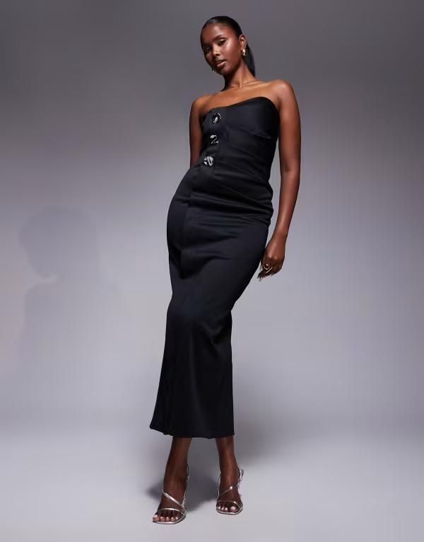 エイソス レディース トップス ワンピース アシンメトリー ミディワンピース ミディ スキューバ ASOS DESIGN scuba asymmetric bandeau midi dress with gold buttons Black ブラック