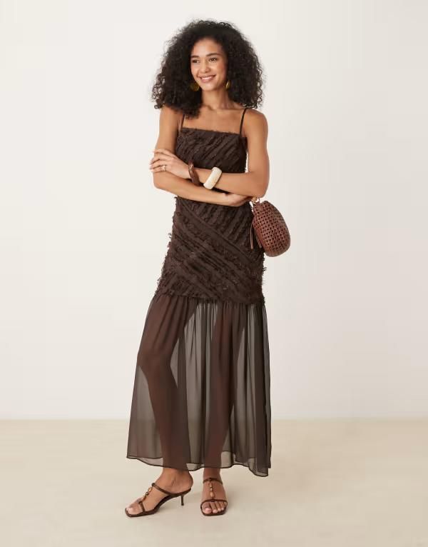 エイソス レディース トップス ワンピース ミディワンピース ミディ ASOS DESIGN textured dropped waist cami midi dress in chocolate Chocolate チョコレート
