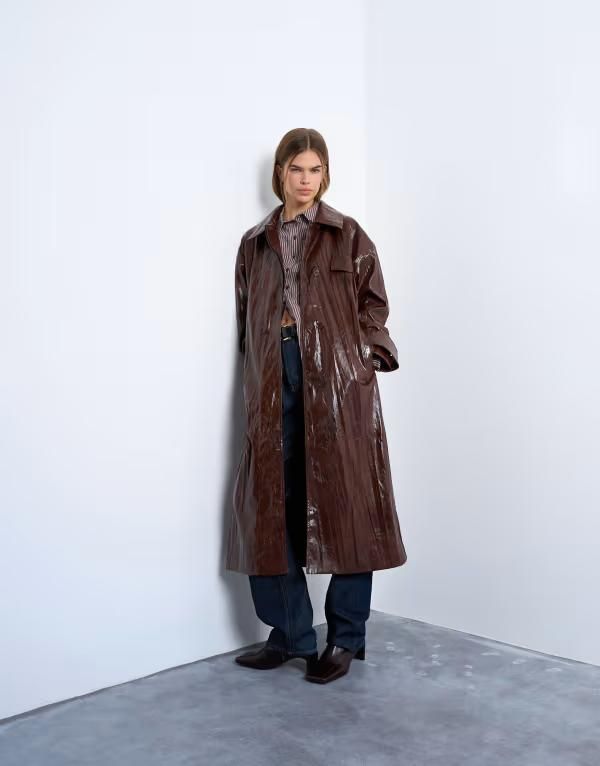 トップショップ レディース アウター コート レザー フェイクレザー Topshop faux leather high shine washed trench coat in washed Washed brown ブラウン