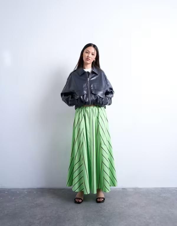 トップショップ レディース ボトムス スカート ミディ Topshop elasticized waist poplin full midi skirt and yellow stripe Green and yellow イエロー