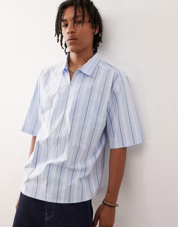 コルージョン メンズ トップス シャツ ハーフジップ COLLUSION half zip shirt stripe Blue multi ブルー