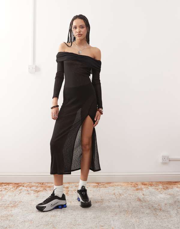 コルージョン レディース トップス ワンピース シアー COLLUSION off the shoulder sheer midaxi dress Black ブラック