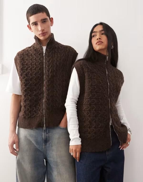 リクレイム ヴィンテージ レディース アウター カーディガン ニット Reclaimed Vintage unisex zip up cable knitank Brown ブラウン