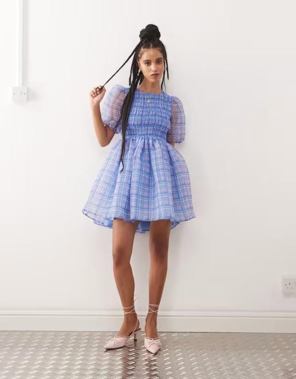 エイミー・リー レディース トップス ワンピース カットアウト ミニ Amy Lynn organza bubble mini dress with cut out back plaid Purple Check パープル