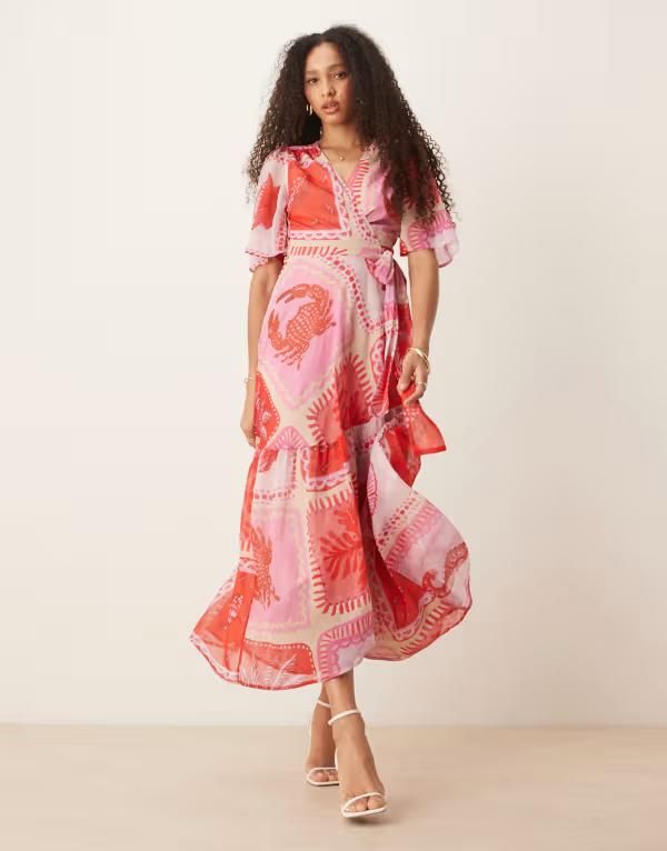 ホープ＆アイビー レディース トップス ワンピース プリント マキシ Hope Ivy flutter sleeve maxi wrap dress beach print pink ピンク