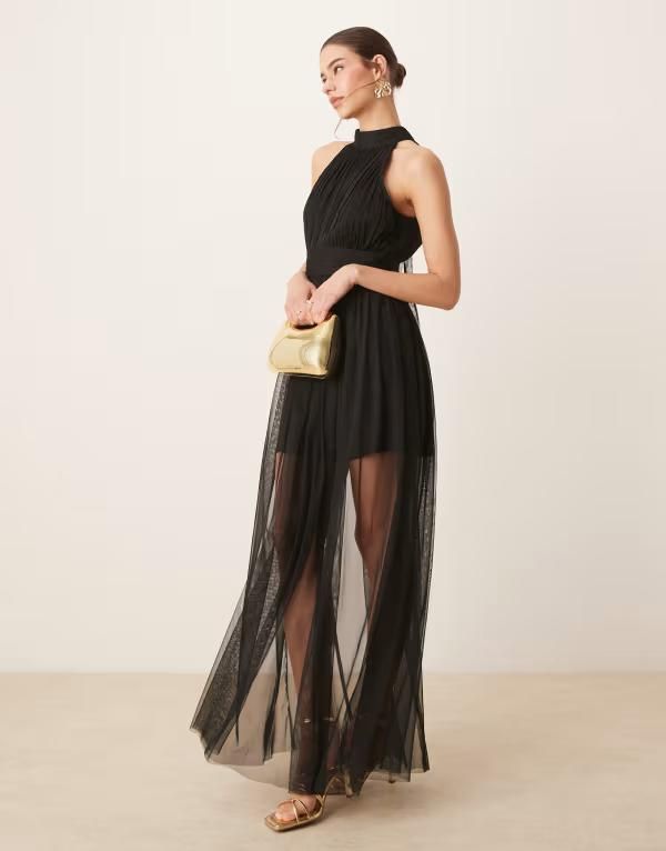 レース アンド ビーズ レディース トップス ワンピース シアースカート チュール シアー スカート マキシ ホルター Lace Beads halterneck tulle sheer skirt maxi dress Black ブラック