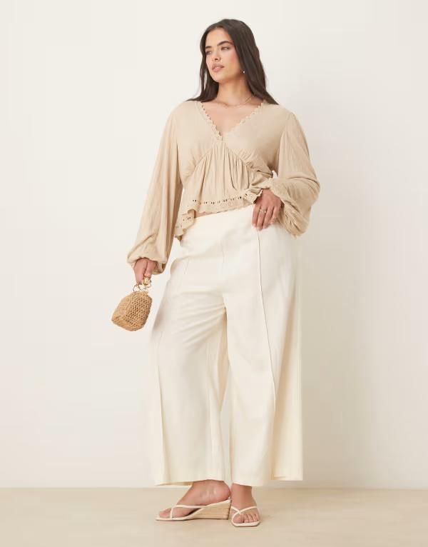 エイソス レディース ボトムス カジュアルパンツ リネン ASOS DESIGN Curve tailored linen blend culotte pants Ivory アイボリー