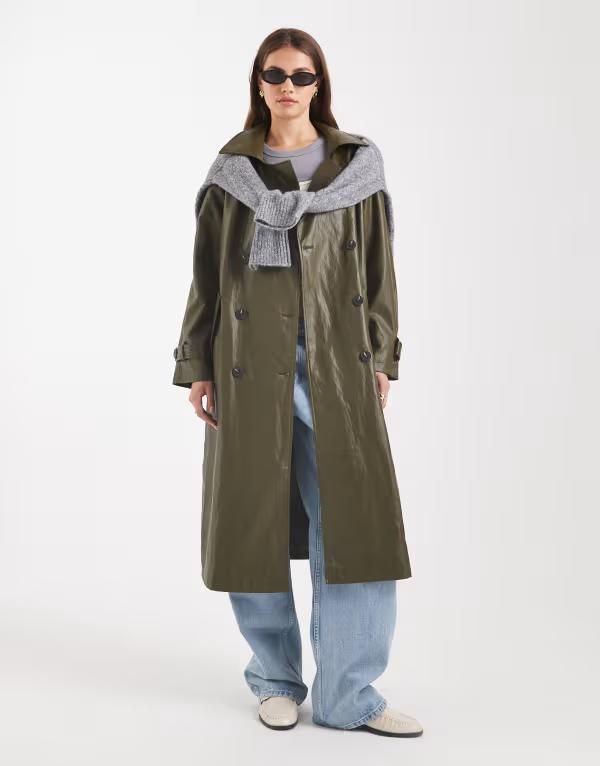 エイソス レディース アウター ジャケット・ブルゾン コート レザー ASOS DESIGN leather look trench coat in dark olive Dark olive オリーブ