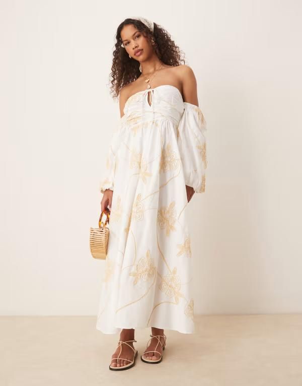 エイソス レディース トップス ワンピース フラワー柄 刺繍 フラワー ASOS DESIGN off the shoulder floral embroidered midaxi dress White ホワイト