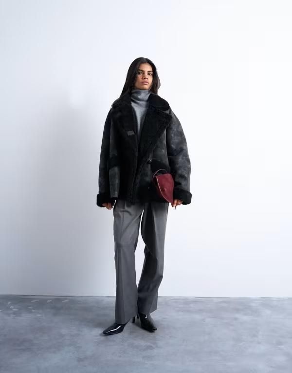 トップショップ レディース アウター コート Topshop faux shearling oversized car coat blackブラック