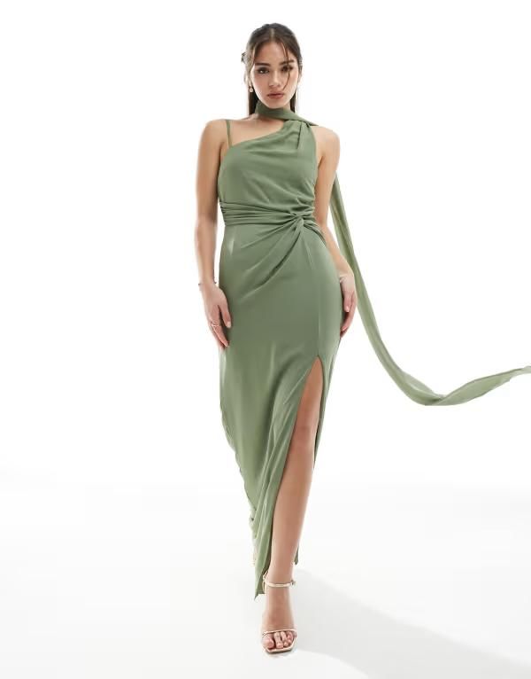 ティエフエヌシー レディース トップス ワンピース マキシ TFNC Bridesmaid one shoulder maxi dress with twist front and scarf detail in dark Green グリーン