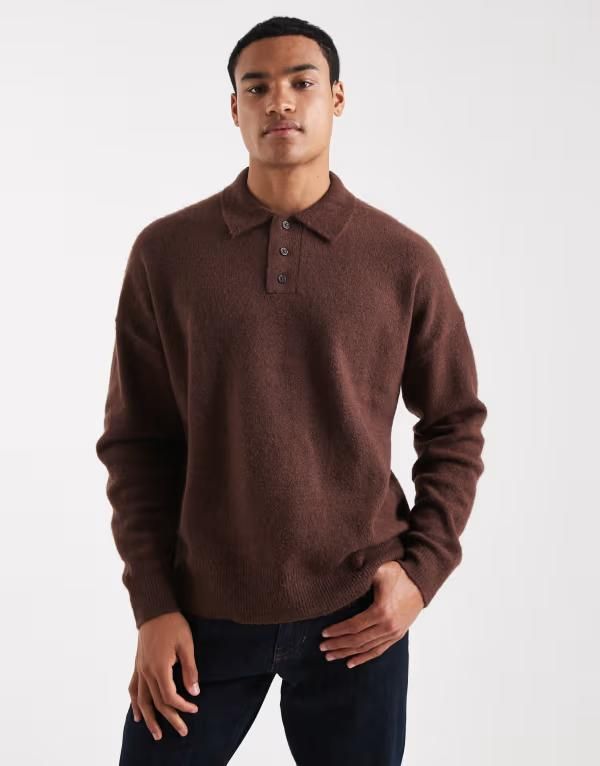 エイソス メンズ アウター カーディガン ポロシャツ ニット ASOS DESIGN oversized brushed knit polo shirt BROWN ブラウン