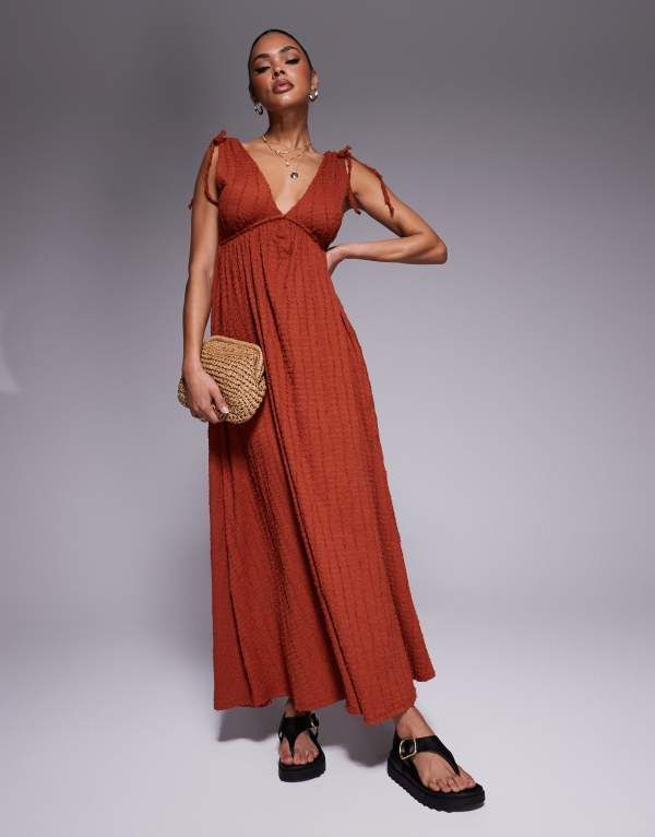 エイソス レディース トップス ワンピース ミディワンピース ミディ ASOS DESIGN textured deep V trapeze midi dress in rustラスト