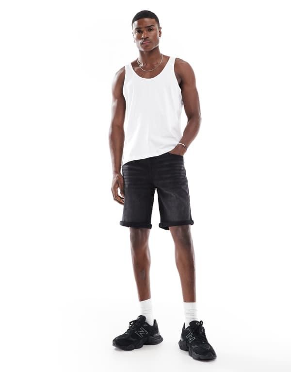 エイソス メンズ ボトムス ハーフパンツ・ショーツ ショートパンツ デニム ASOS DESIGN stretch slim regular length denim shorts in washed WASHED BLACK ブラック