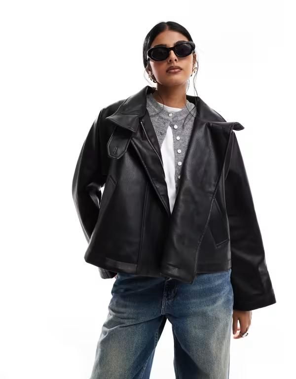 エイソス レディース アウター ジャケット・ブルゾン ケープデザイン キャップ ケープ レザー ASOS DESIGN leather look cape detail trench Black ブラック