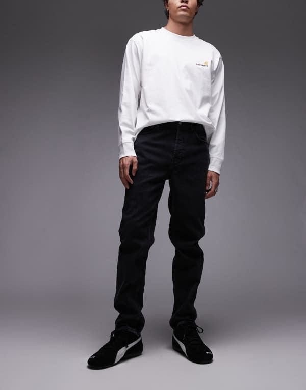 トップマン メンズ ボトムス デニムパンツ ジーンズ Topman stretch tapered jeans in washed Black ブラック