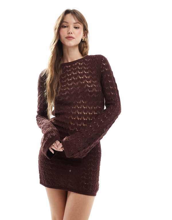 ミスセルフフリッジ レディース トップス ワンピース ミニワンピース ミニ Miss Selfridge crochet low back long sleeve mini dress in chocolate Choc チョコレート