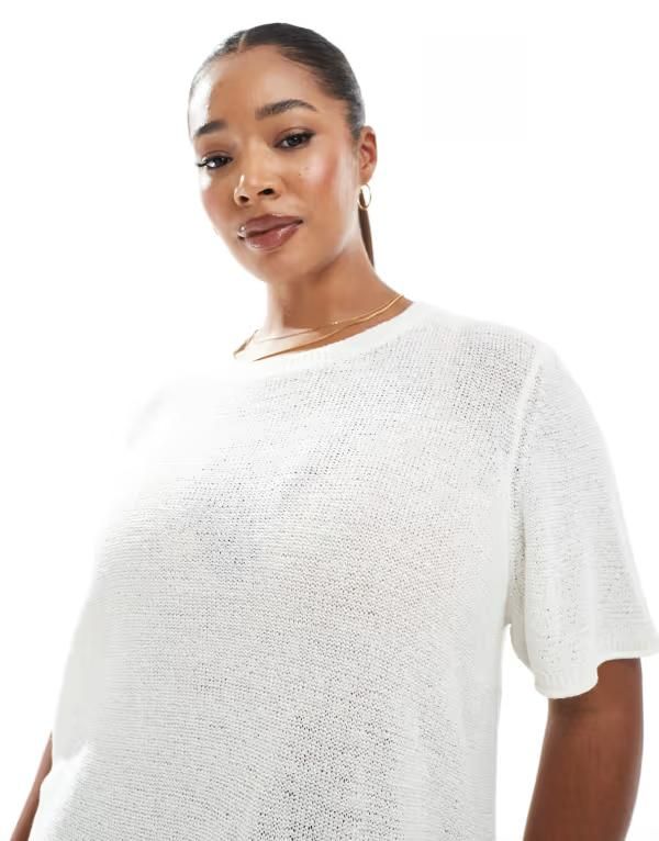 オンリーカーブ レディース トップス Tシャツ ニット ONLY Curve short sleeve knitop in cream Cloudancer クリーム