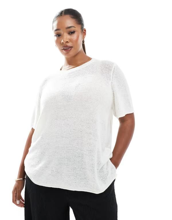 オンリーカーブ レディース トップス Tシャツ ニット ONLY Curve short sleeve knitop in cream Cloudancer クリーム