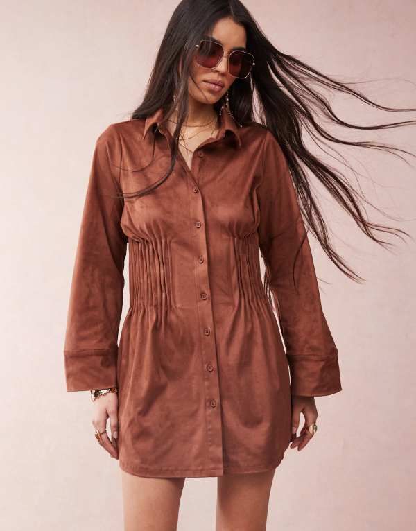 エイソス レディース トップス ワンピース ミニワンピース ミニ シャツ スエード ASOS DESIGN suedette shirt mini dress with cinched pleat waist in chocolate Chocolate チョ