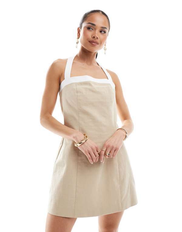 フォースレックレス レディース トップス ワンピース ミニワンピース ミニ コントラスト リネン ホルター 4th Reckless linen look contrast edge halterneck mini dress Beige ベージュ