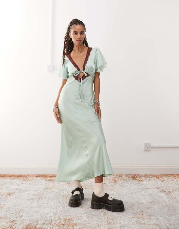 リクレイム ヴィンテージ レディース トップス ワンピース コントラスト レース マキシ Reclaimed Vintage maxi tea dress with keyhole and contrast lace in mint green グリーン