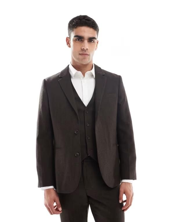 エイソス メンズ アウター ジャケット・ブルゾン ウール ASOS DESIGN wool rich slim suit jacket herringbone BROWN ブラウン