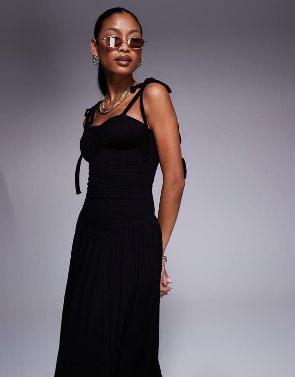 エイソス レディース トップス ワンピース ミディワンピース ミディ ASOS DESIGN crinkle shirred bodice tie cami strap midi dress Black ブラック