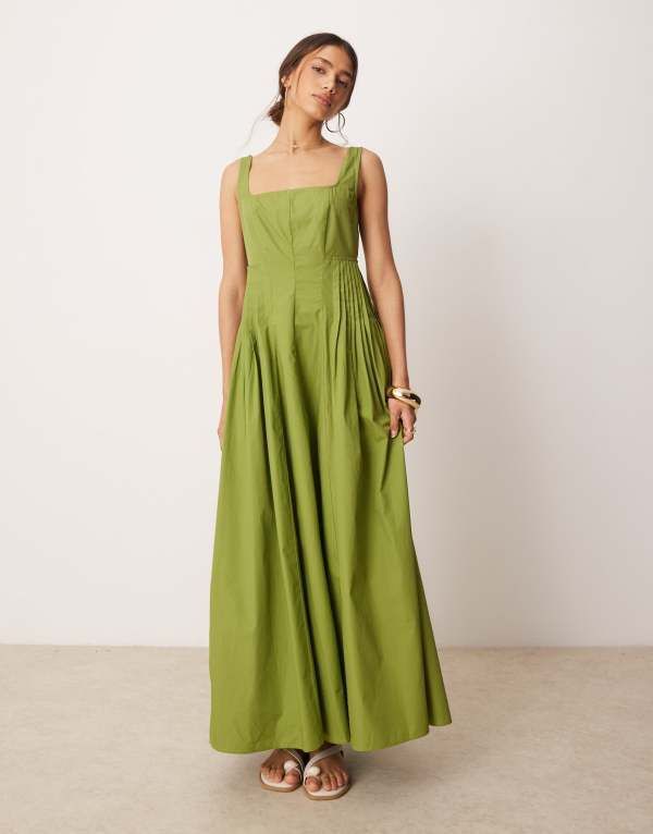 エイソス レディース トップス ワンピース マキシワンピース マキシ ASOS DESIGN scoop neck pleat waist maxi dress in olive Olive オリーブ