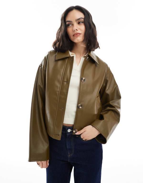 エイソス レディース アウター ジャケット・ブルゾン レザー ジャケット ASOS DESIGN leather look button through jacket in olive Olive オリーブ