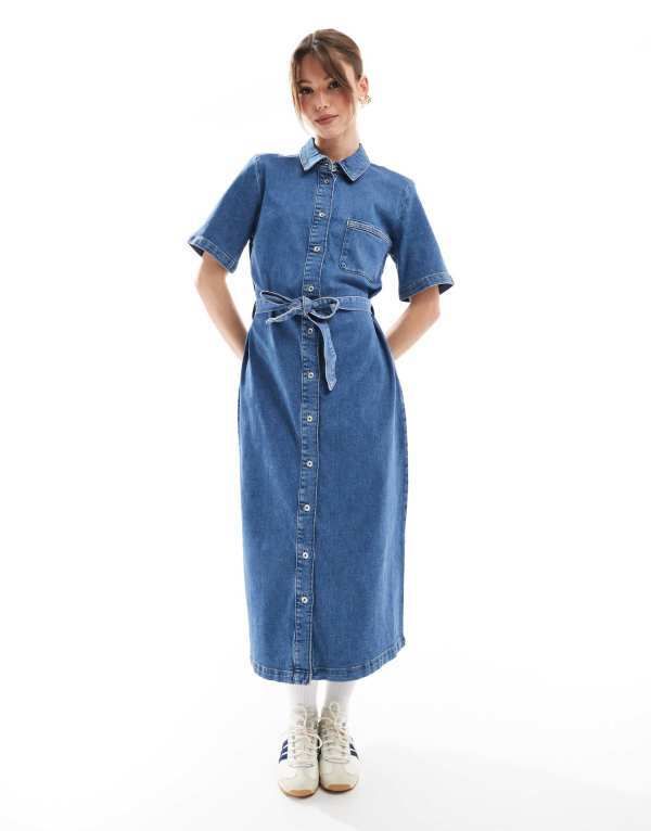 オンリー レディース トップス ワンピース ミディワンピース ミディ デニム ONLY tie waist denim midi dress in mid wash MID BLUE ブルー