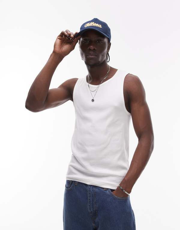 トップマン メンズ トップス タンクトップ Topman rib tank top WHITE ホワイト