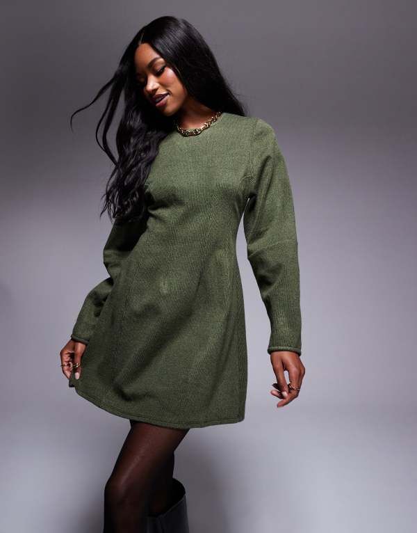 エイソス レディース トップス ワンピース ミニワンピース ミニ ASOS DESIGN super soft seamed detail cocoon sleeve mini dress Khaki カーキ