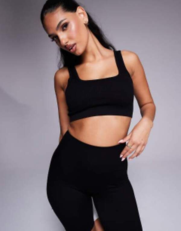 エイソス レディース アンダーウェア ブラジャー リブ ASOS 4505 Icon mid impact seamless ribbed sports bra with square neck Black ブラック