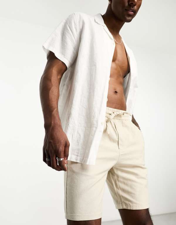 オンリーアンドサンズ メンズ ボトムス ハーフパンツ・ショーツ ショートパンツ リネン Only Sons linen mix elasticated waist shorts Silver Lining シルバー