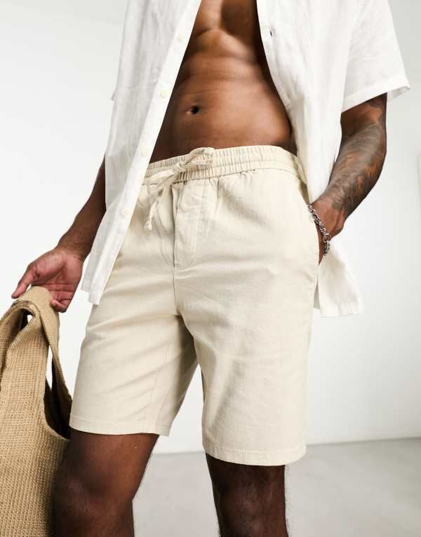オンリーアンドサンズ メンズ ボトムス ハーフパンツ・ショーツ ショートパンツ リネン Only Sons linen mix elasticated waist shorts Silver Lining シルバー